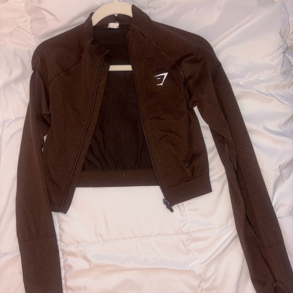 Gymshark Women's Chocolate Brown Cropped Zip-Up Bomber